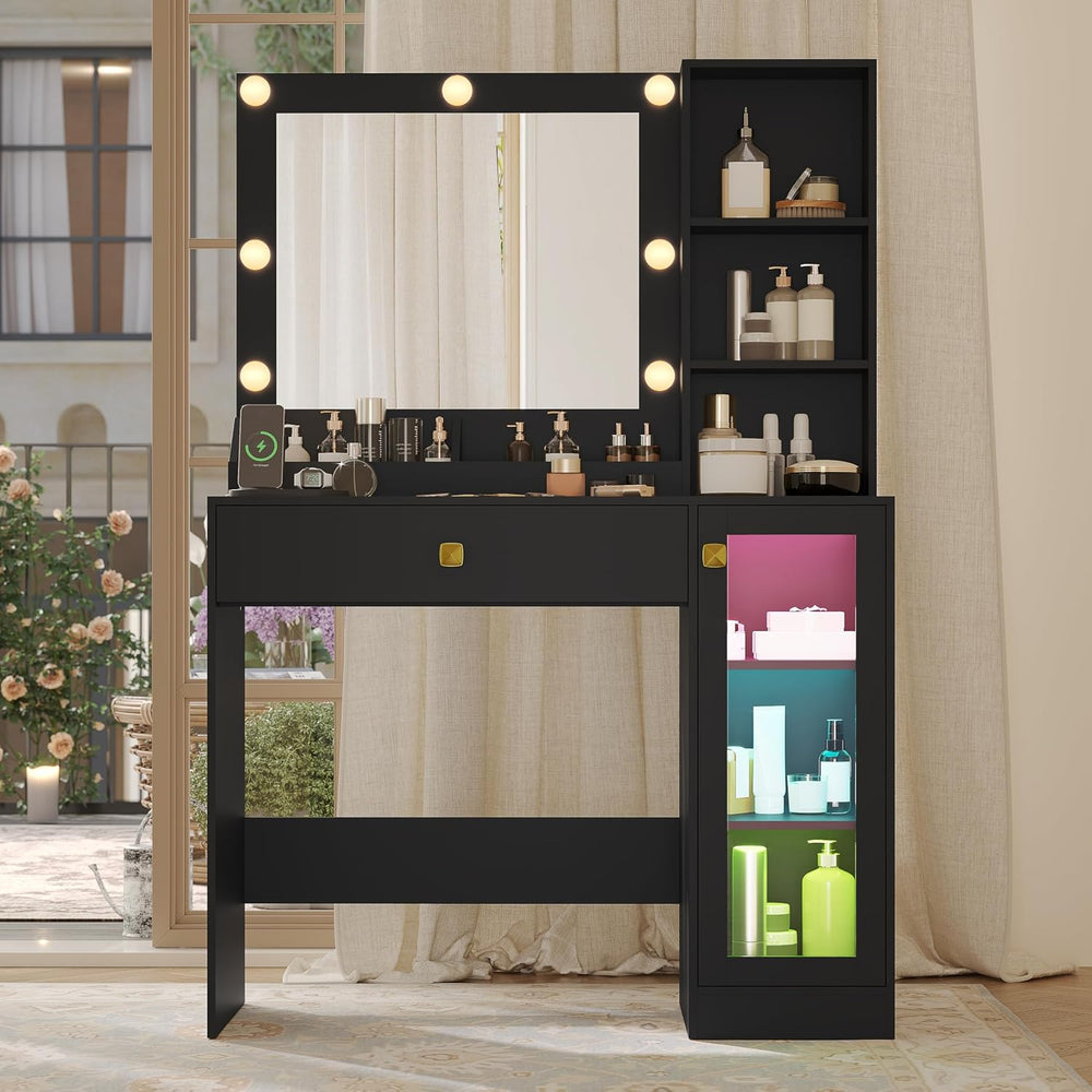 Black Vanity Desk with Mirror and Lights, 34" LED Small Vanity Table wit...