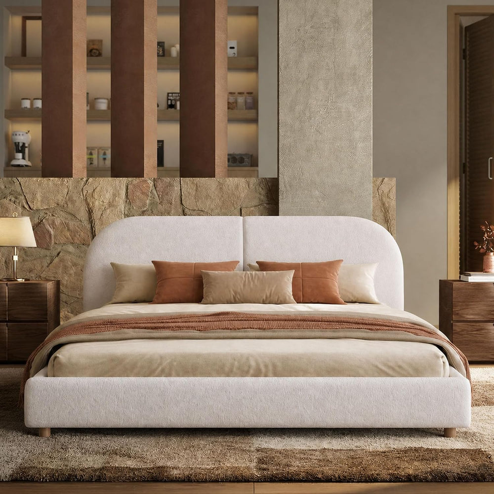 Kenhome Queen Size Boucle Cloud Bed Frame, Upholstered Platform Bed with Curv...