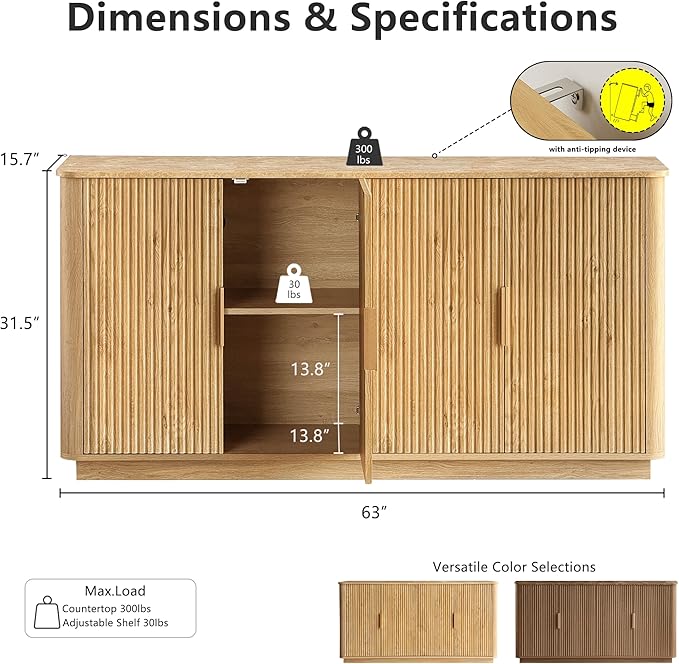 win2win 63" Fluted Sideboard Buffet Cabinet with Faux Marble Top, Modern Credenza with Storage, Wood Boho Media TV Console Accent Cabinet for Living Room Kitchen Hallway, Oak