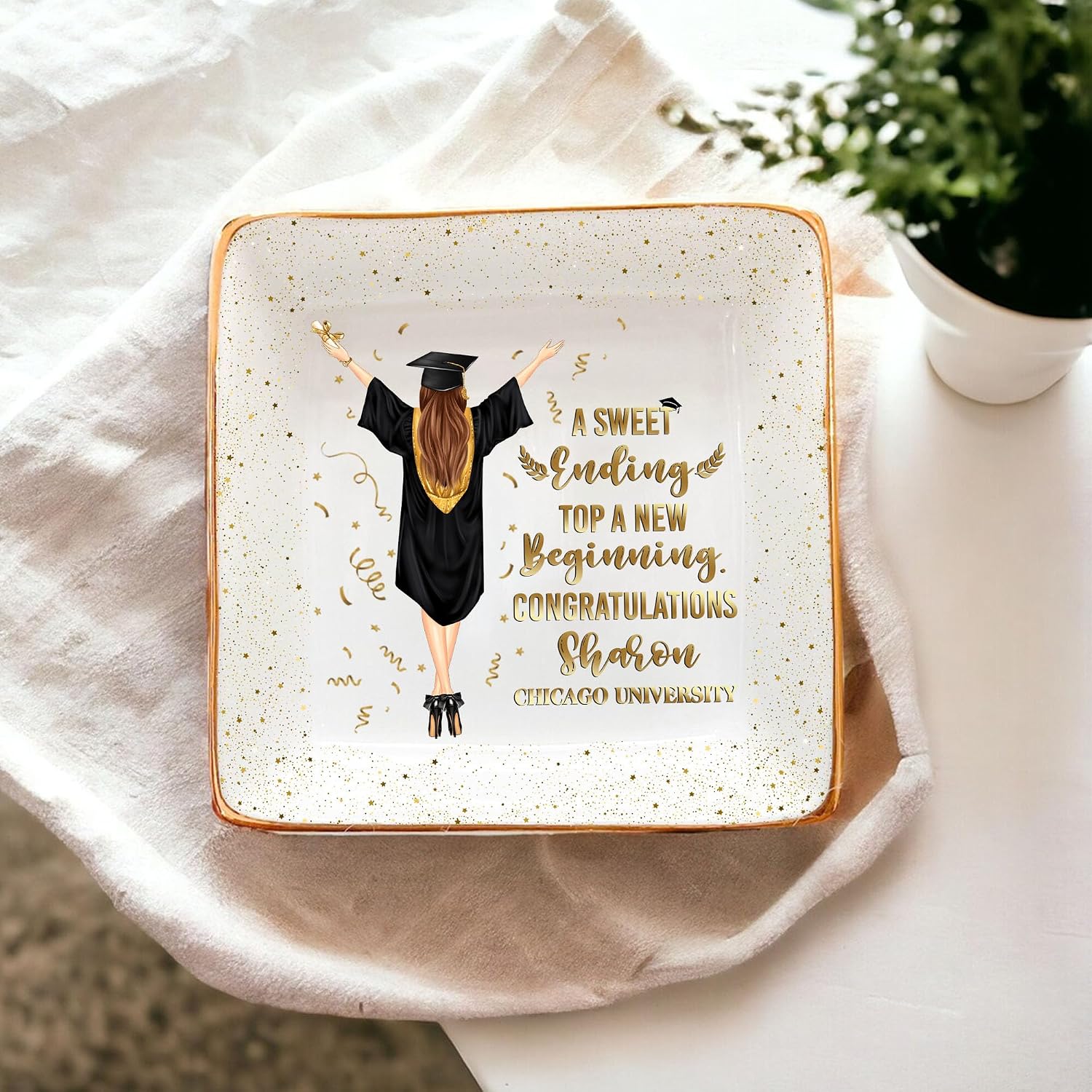 Personalized Jewelry Dish, A Sweet Ending to a New Beginning, Graduation Gift for Her 2026, Custom Keepsake for Best Friend, Daughter, or Graduate