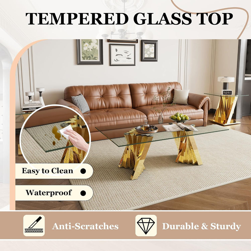 3 Piece Living Room Set, 51" Glass Coffee Table and 2 End Tables with Te...