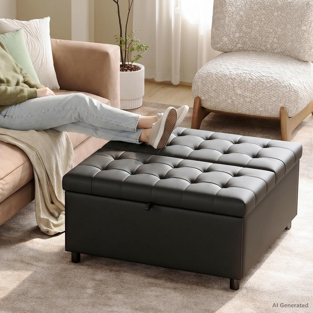 Black Leather 36 Inch Extra Large Lift Top Living Room Storage Ottoman | LINL...