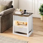 HIFYOBRO Fluted Nightstands Set of 2 with Charging Station & Motion Sensor Light, Modern Bedside Tables with 2 Drawers and Storage Shelf for Bedroom, White