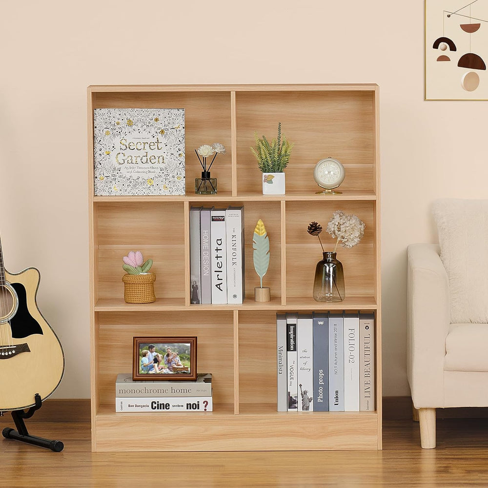 LEYAOYAO 7 Cube Bookshelf with Base,3 Tier Mid-Century Modern Natural Bookcas...