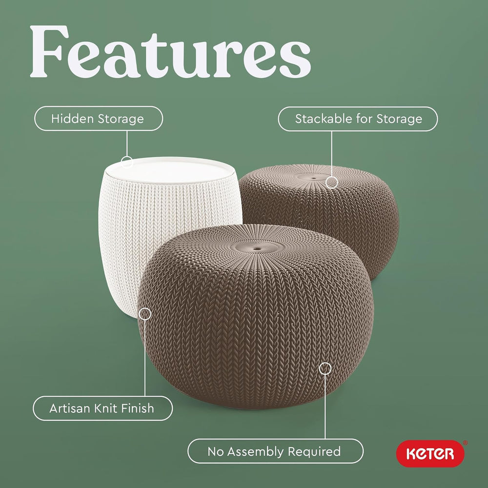 KETER Urban Knit Pouf Ottoman Set of 2 with Storage Table for Patio and Room ...