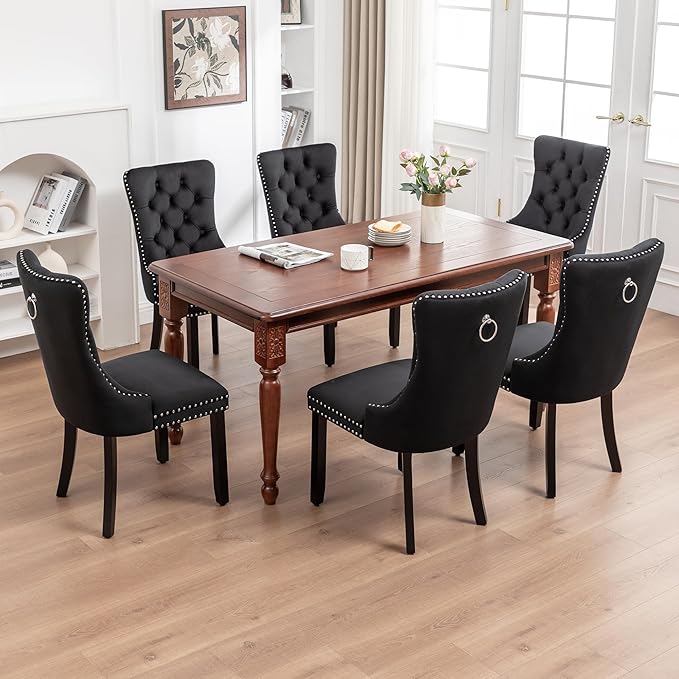 Mid Century Modern Dining Chair Set of 6 Velvet Upholstered Dining Accent Chair Farmhouse Dining Chairs with High Back and Nailhead Trim for Kitchen, Living Room, Bedroom (Black)