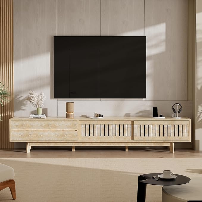 Mid Century Modern TV Stand for 100 Inch TVs, 94.5" Entertainment Center with Storage & Power Outlet, Media Console w/Drawers and Sliding Door, Television Stand for Living Room, Natural