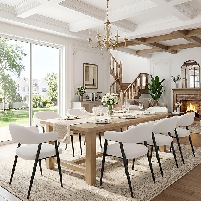HNY Modern Dining Room Arm Chairs Set of 4, Faux Sherpa Boucle Upholstered Ba...