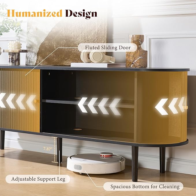 AMERLIFE 70" Mid-Century Modern TV Stand, TV Console Table for TVs up to 80 Inch, Fluted Wood Media Console with Storage, Solid Wood Legs, Embossed Black