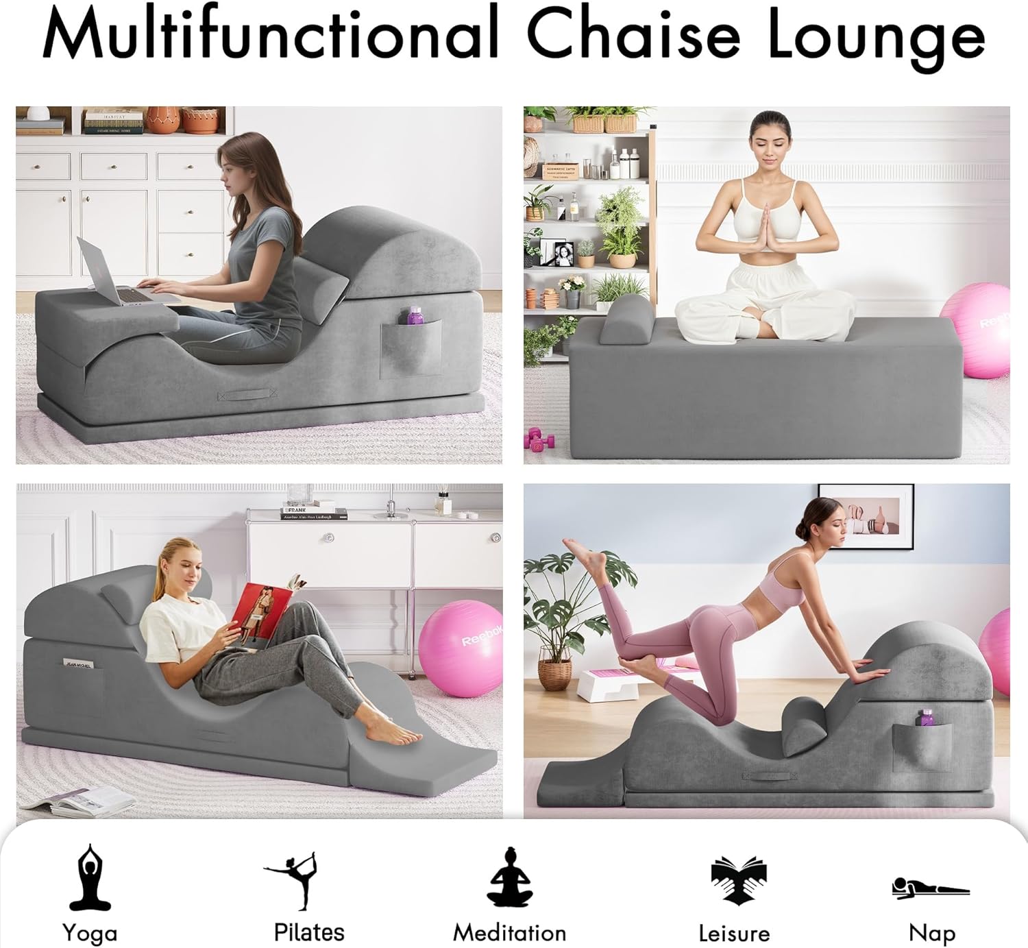 Convertible Yoga Chair for Adults, Ergonomic Foam Lounge with Lumbar Pillow, Washable Cover, Side Pocket, No Assembly Needed – Great for Exercise, Stretching & Relaxation Gray
