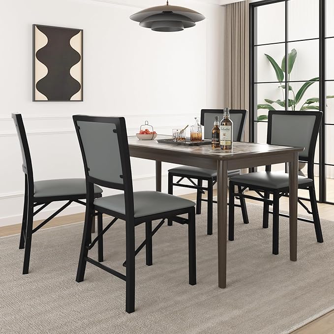 VECELO Folding Chairs Set of 4 with Cushion, Foldable Padded Seats with Heavy Duty Metal Frame for Kitchen/Dining/Living Room, No Assembly & Space Saving Design, Gray & Black