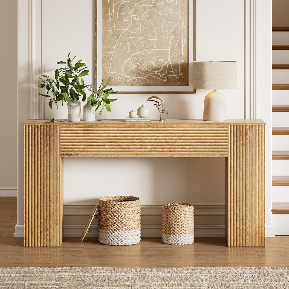 FABATO 61” Fluted Long Console Table with 2 Hidden Storage Cabinets, Wood | W...