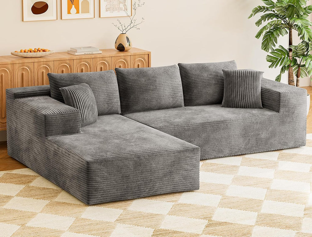 108” Cloud Sectional Couches, Boneless Couch Modular L-Shaped Sofa with Deep Seat, Modern Comfort Upholstered Sofas for Living Room, No Assembly Required (Corduroy, Grey)