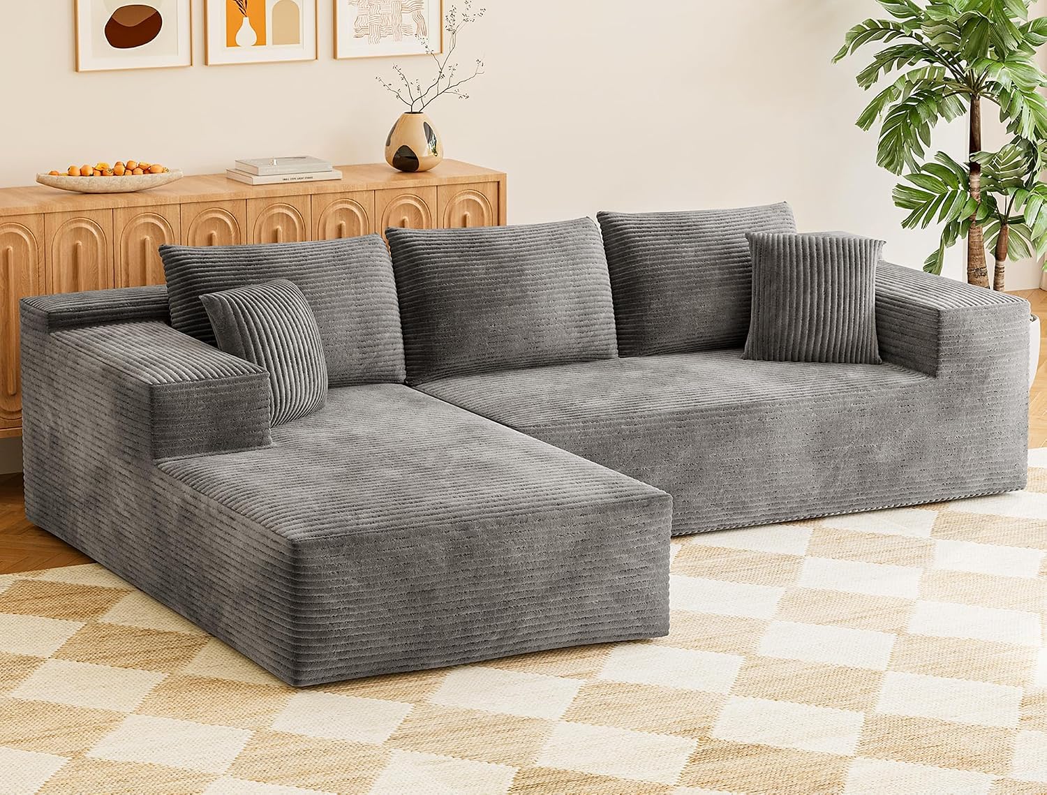 108” Cloud Sectional Couches, Boneless Couch Modular L-Shaped Sofa with Deep Seat, Modern Comfort Upholstered Sofas for Living Room, No Assembly Required (Corduroy, Grey)