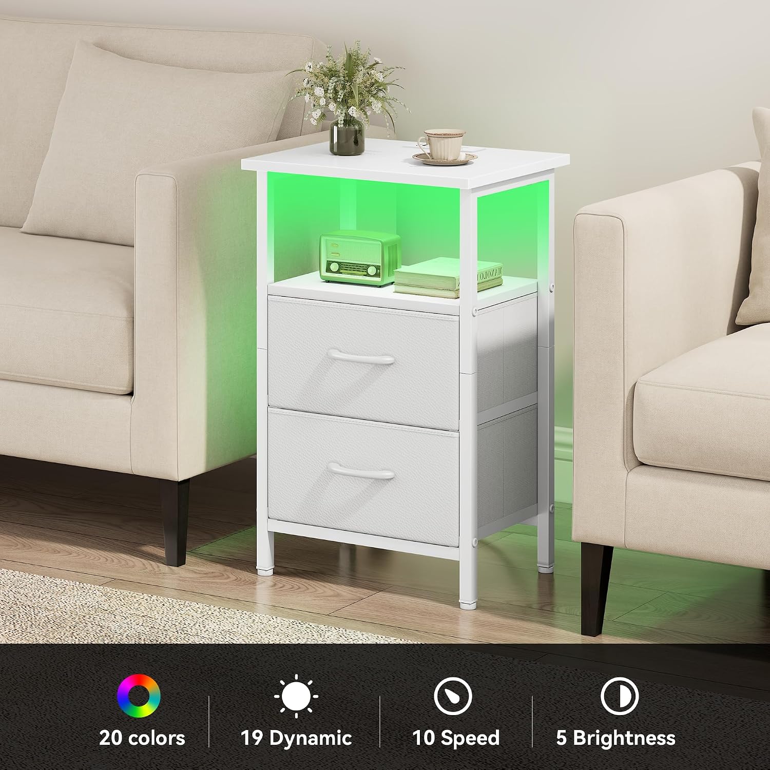 Vagusicc Nightstand Set of 2 with Charging Station, Bed side tables bedroom set of 2 with LED Lights, White Night Stands with 2 Fabric Drawers, 24.2" Tall Bedside Tables with Storage Shelf for Bedroom