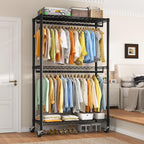 Raybee Clothing Rack with Wheels,Clothes Rack for Hanging Clothes,Portable Closet,2 Shelves,Black