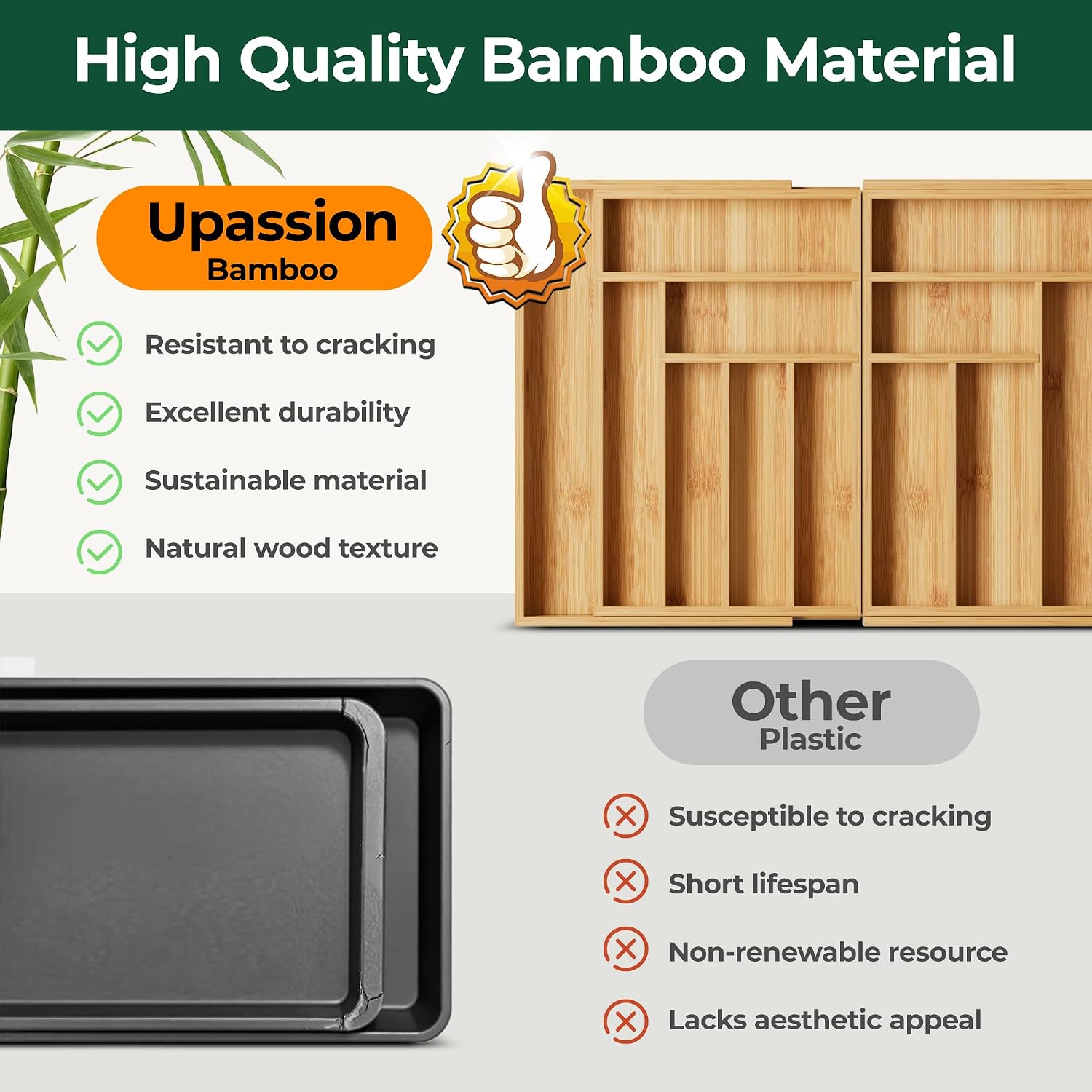 Large Silverware Organizer, 13 Slots Magnetic Connected Expandable Bamboo Utensil Drawer Organizer From 21 to 37.4 Inches, Adjustable Flatware and Cutlery Holder, Utensil Tray for Kitchen Natural