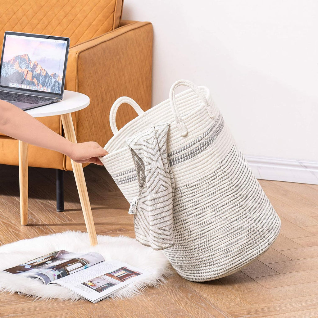 YOUDENOVA Woven Rope Laundry Hamper Basket, 58L Tall Luandry Basket, Baby Nursery Hamper for Blanket Storage, Clothes Hamper for Laundry in Bedroom-Large-Stripe White