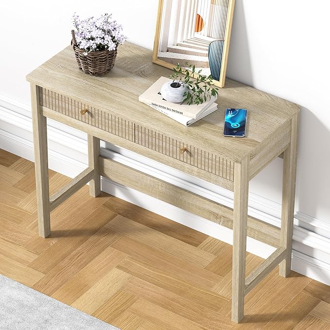 Fluted Writing Desk with Drawers, Makeup Vanity Desk for Bedroom, 40 Inch Home Office Computer Desk with Storage Drawers, Small Console Table