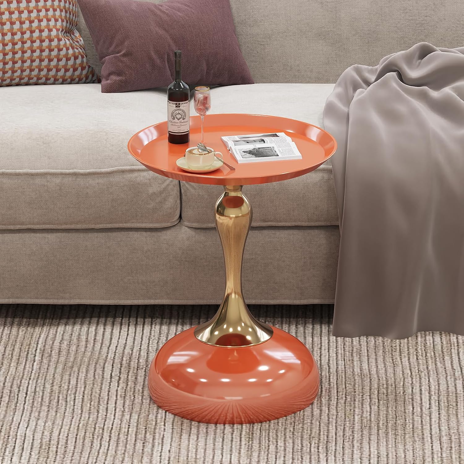 2-Pack Hermes Orange Sleek Hourglass Side Table - Glossy Finish & Metallic Accent | Contemporary End Table for Living Room & Home Decor Spaces