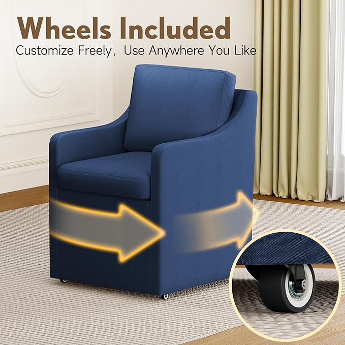 Upholstered Dining Chairs,Modern Rolling Linen Dining Chairs with Casters,Swivel Armchair with Storage for Reading Room,Kitchen,Dining Room(Blue)
