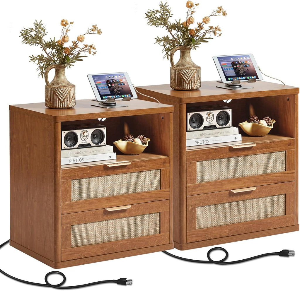 LEYAOYAO Rattan Nightstands Set of 2 with Charger Station, 23" Wide Boho Night Stand with 2 Drawers, Natural Wood Bedside Table Open Shlef, Bed Side End Table Dresser for Bedroom, Living Room Hallway