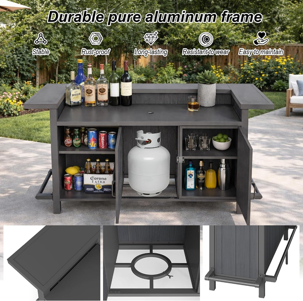 Domi Patio Bar Table, Outdoor Aluminum Bar Height Table with Cabinet, All Weather Use Storage Patio Cart for Patio Kitchen or Bar Cart, Black Grey