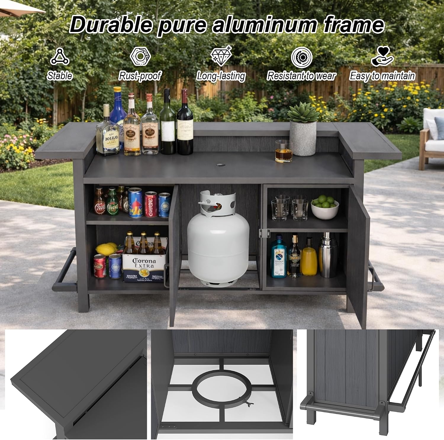 Domi Patio Bar Table, Outdoor Aluminum Bar Height Table with Cabinet, All Weather Use Storage Patio Cart for Patio Kitchen or Bar Cart, Black Grey