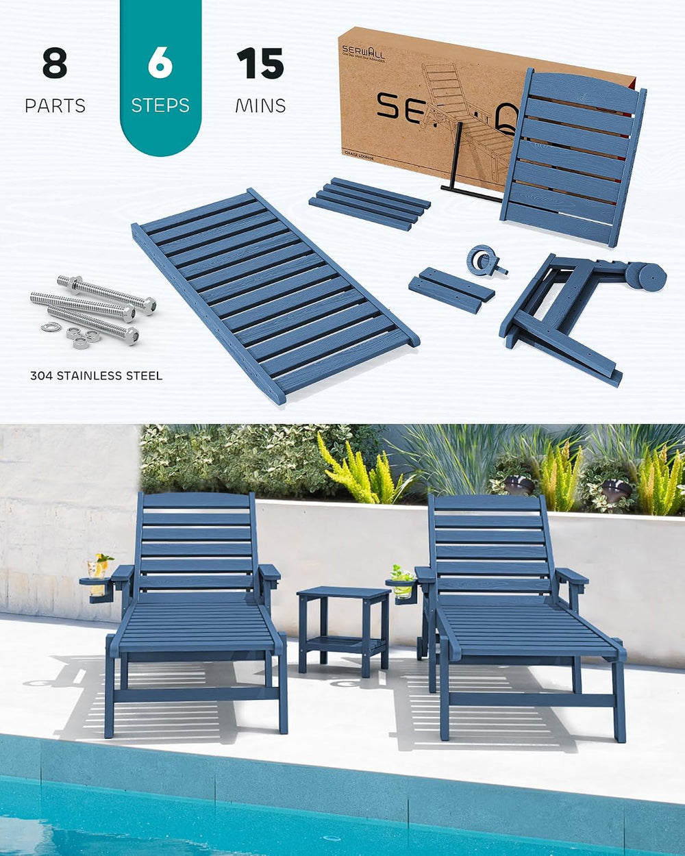 SERWALL HDPE Outdoor Lounge Chair Set of 2 with Cup Holder, Blue