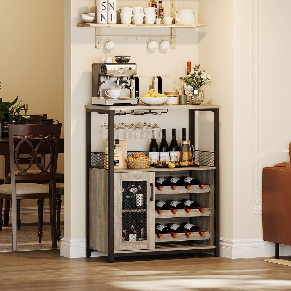 GAOMON Modern 36" Grey Wine Bar Cabinet with LED Lights & Mesh Door,...