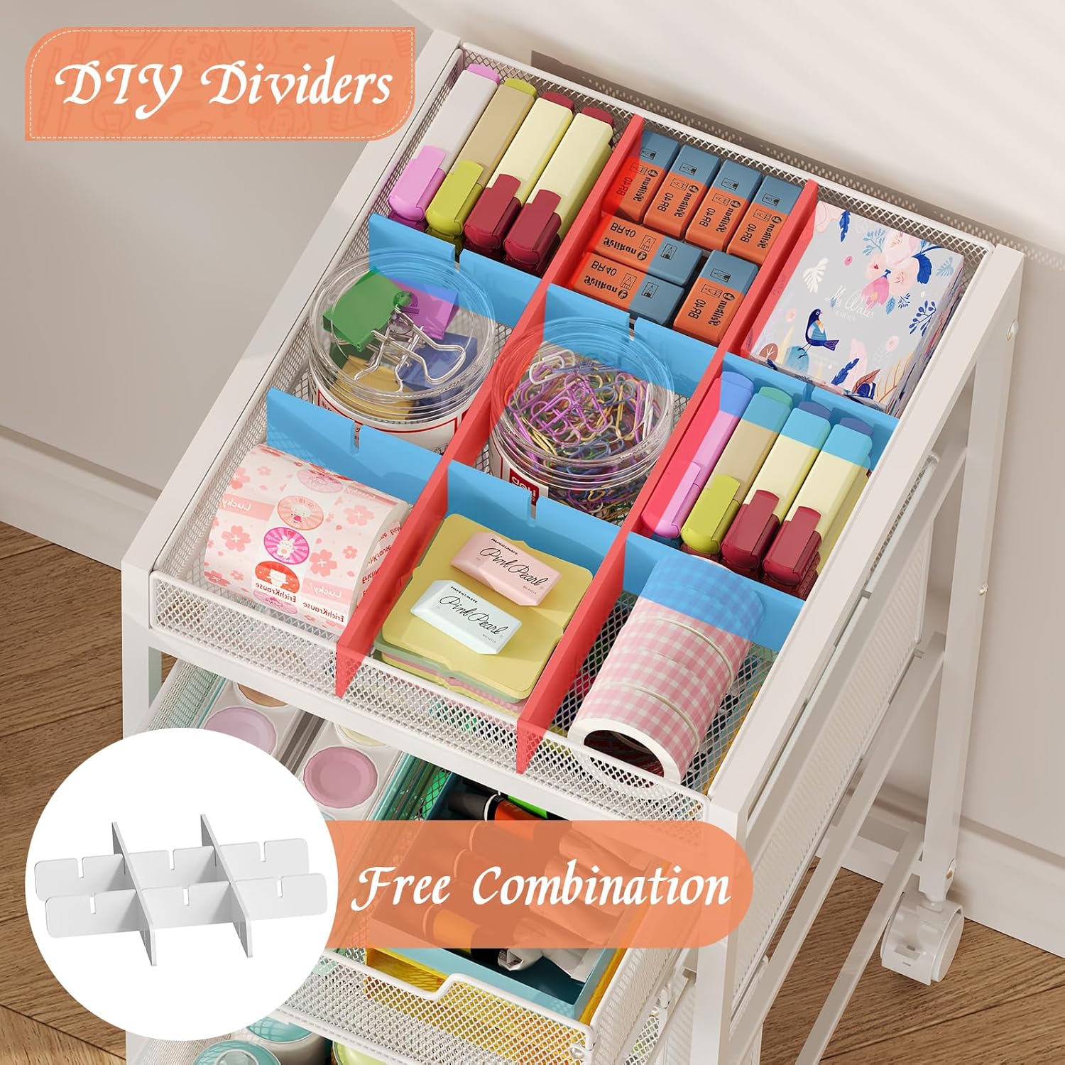 Rolling Utility Cart with 4 Drawers, Craft Organizer and Storage Carts with DIY Divider, Lockable Wheels Storage Organizer for Art Supplies, Store for Brushes & Paints & Artifacts, White