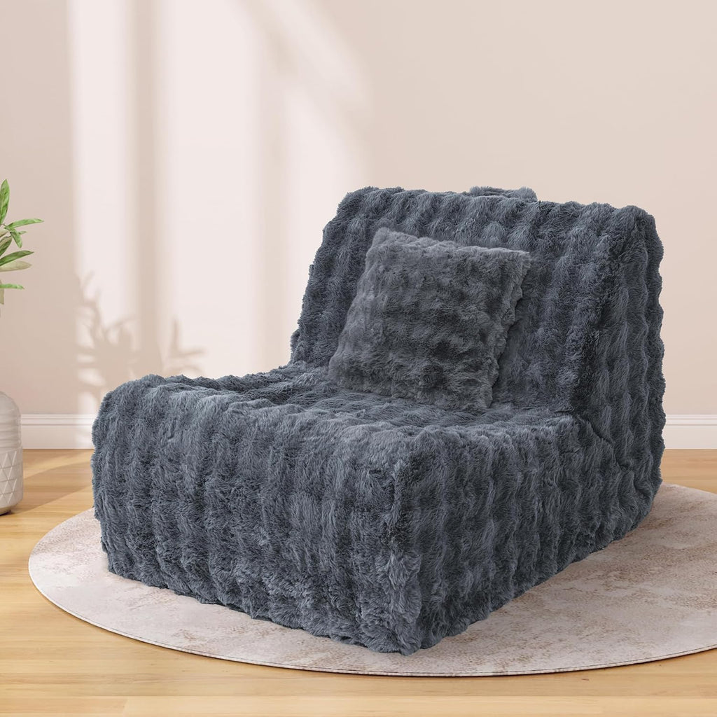 Bean Bag Chair for Adults, Giant Lazy Floor Bubble Sofa with Soft Pillow, Comfy Faux Fur Fireside Beanbags with Handle for Living Room, Bedroom, Apartment, Dark Blue