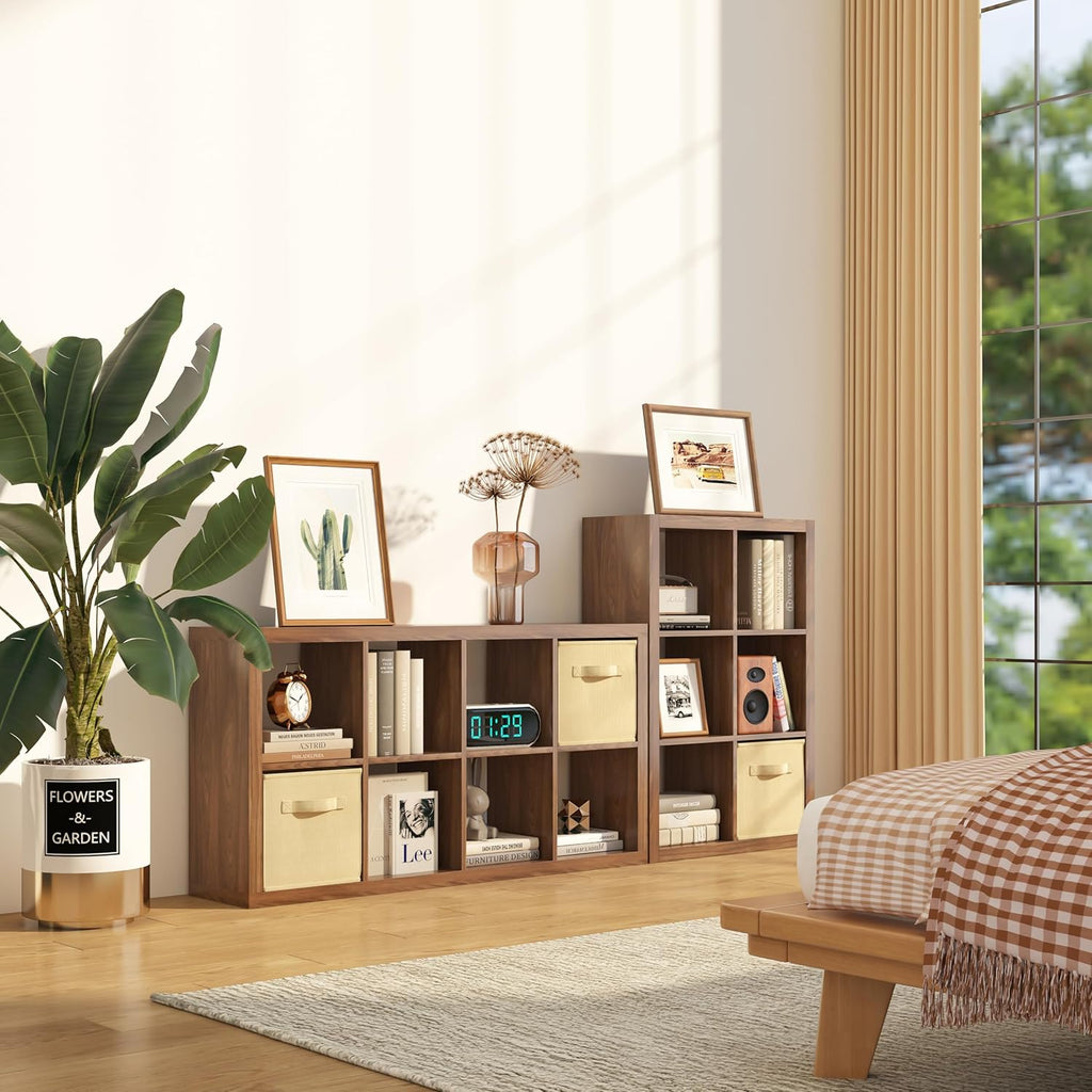 Bookshelf with Storage Bins, 9-Cube Storage Organizer Sturdy Wooden Bookcase Open Book Shelf, Multifunctional Cubicle Rack for Storage & Display, Furniture for Living Room Bedroom Office, Classic Oak