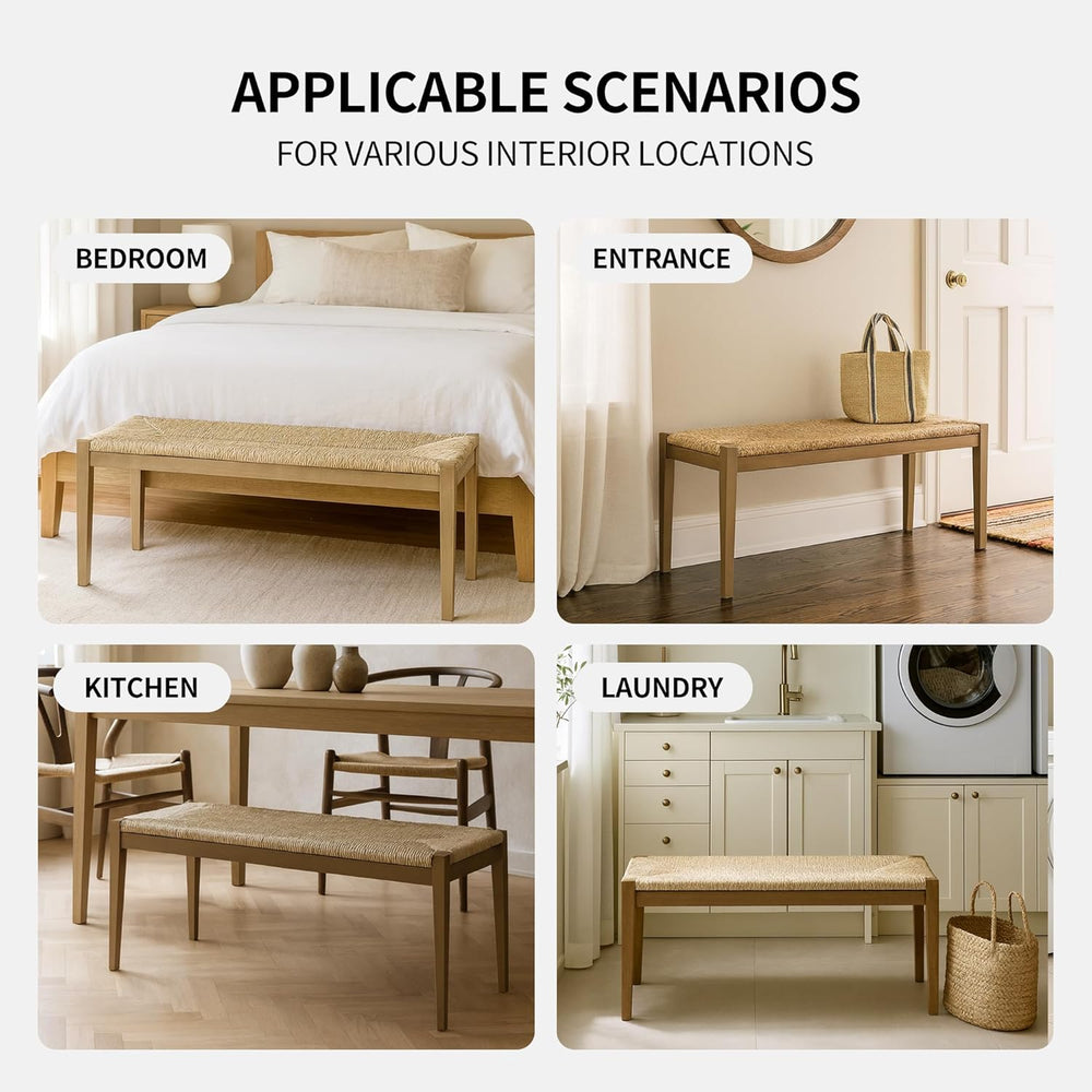 DUHOME Solid Wood Seagrass Bench with Natural Woven Seat, Boho Bench Entryway...