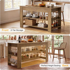 Tribesigns 55" Kitchen Island with Drawers, 2-Tier Farmhouse Wood Stationary Island Table with Storage and Open Shelf, Coffee Bar Table for Kitchen, Dining Room, Small Space, Brown