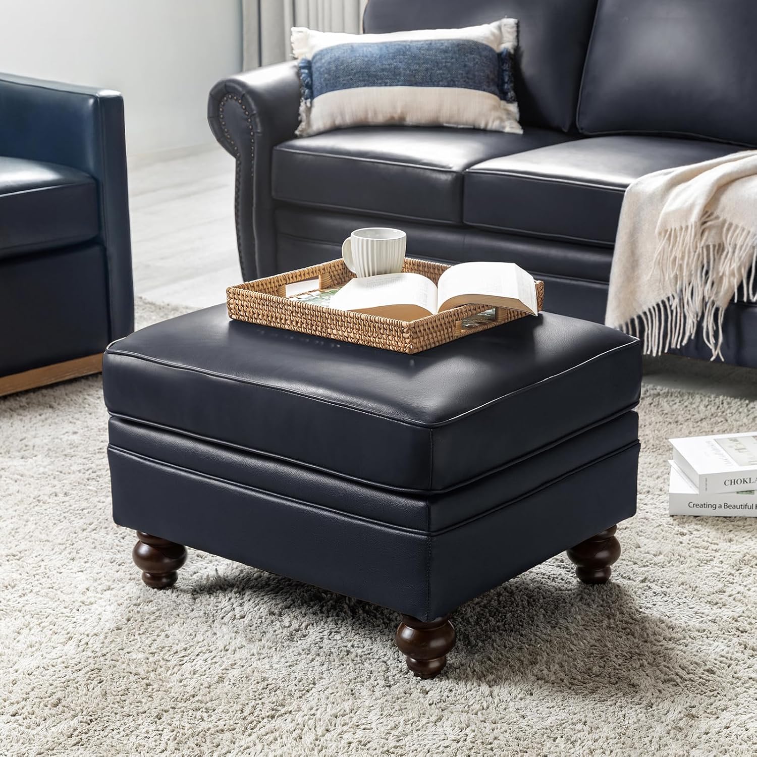 HULALA HOME Genuine Leather Ottoman Coffee Table, Ottoman Foot Rest for Living Room, Navy