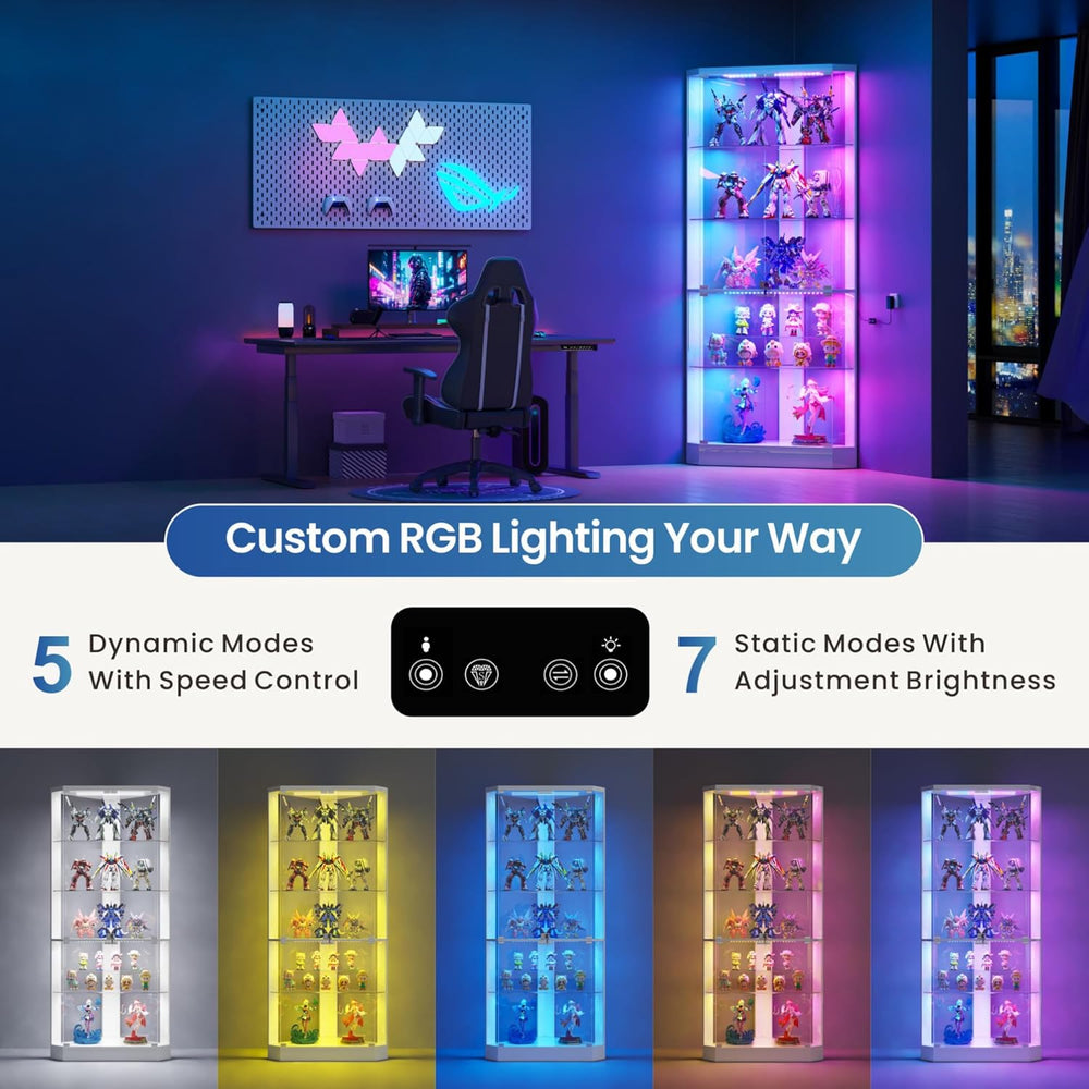 HNEBC Corner Display Case with - RGB Lights and Glass Shelves,5-Tier Corner C...