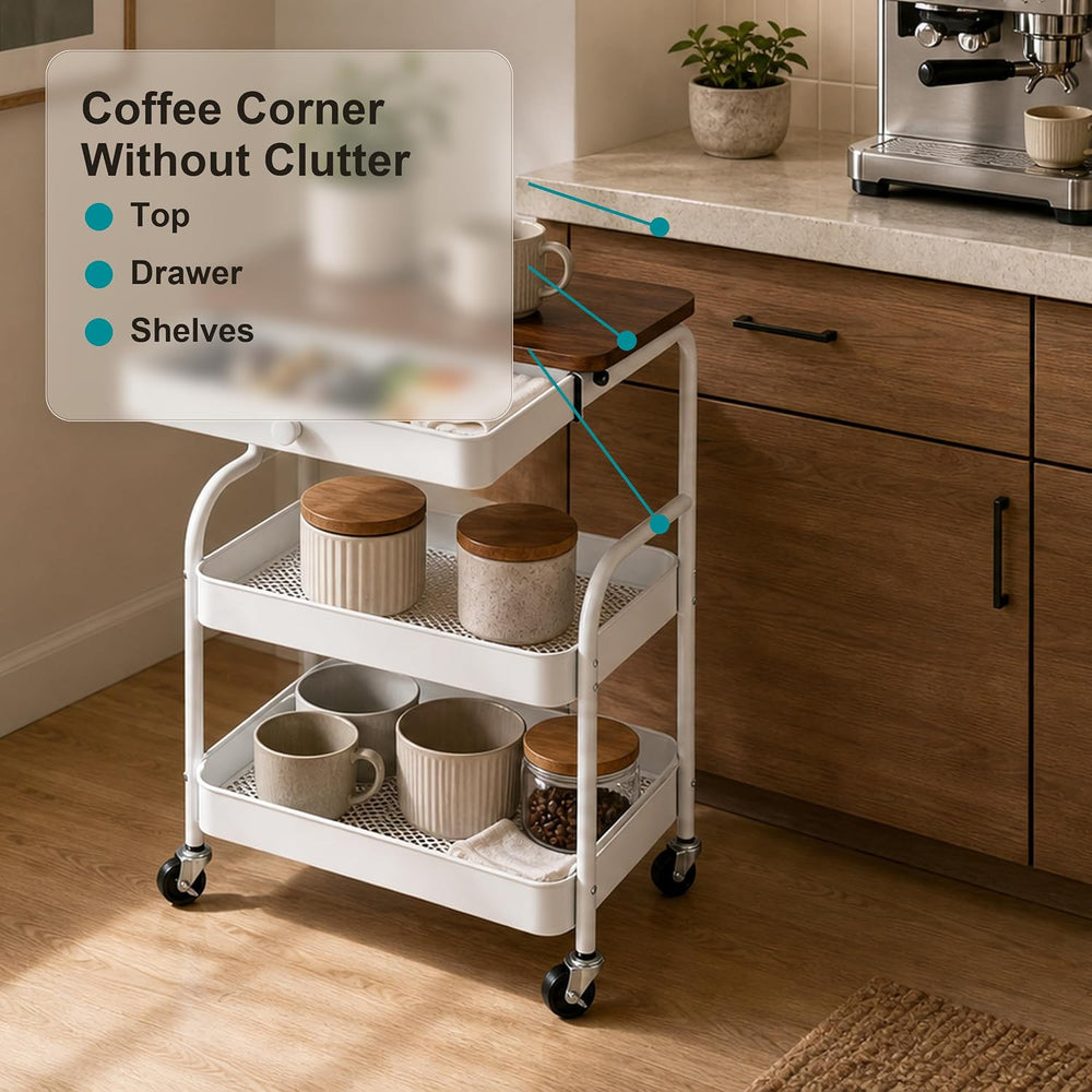 3 Tier Rolling Cart with Hidden Drawer and Wood Top, Small Space Storage Cart...