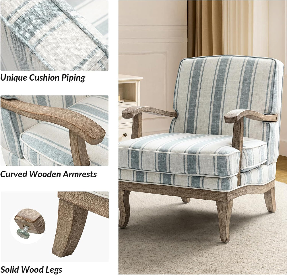 HULALA HOME Farmhouse Striped Accent Chair with Solid Wood Legs, Blue | Comfy...