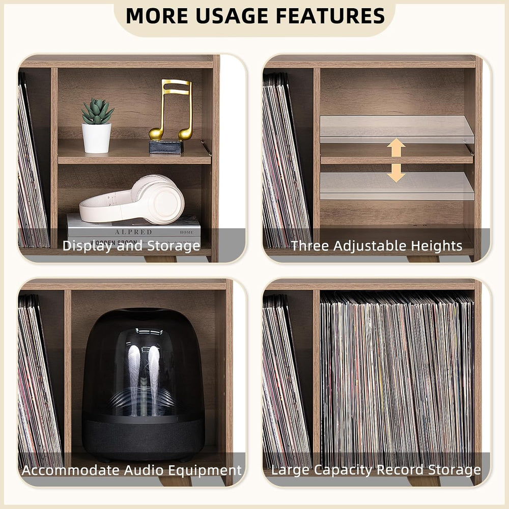 LELELINKY Wide Record Player Stand, 4-Cubby Vinyl Storage Table, Oak Grey | M...