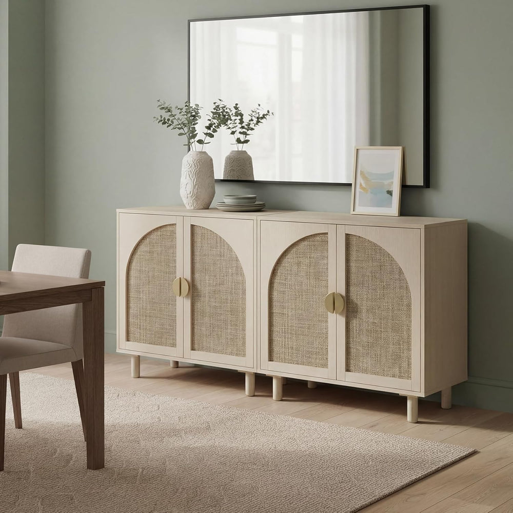 Rattan Cabinet, Storage Sideboard with 2 Doors, Beige Boho Buffet with Adjust...