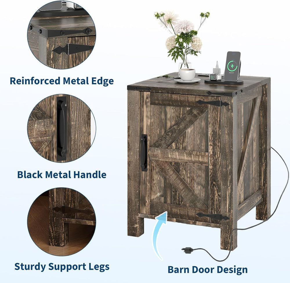 Takywep 18 Inch Nightstand with Charging Station, Farmhouse Wooden Bedside Ta...