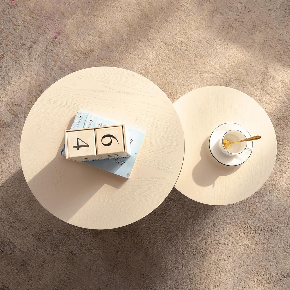 Round Wood Coffee Table Set od 2 for Small Space, Morden End Table, Fluted Si...