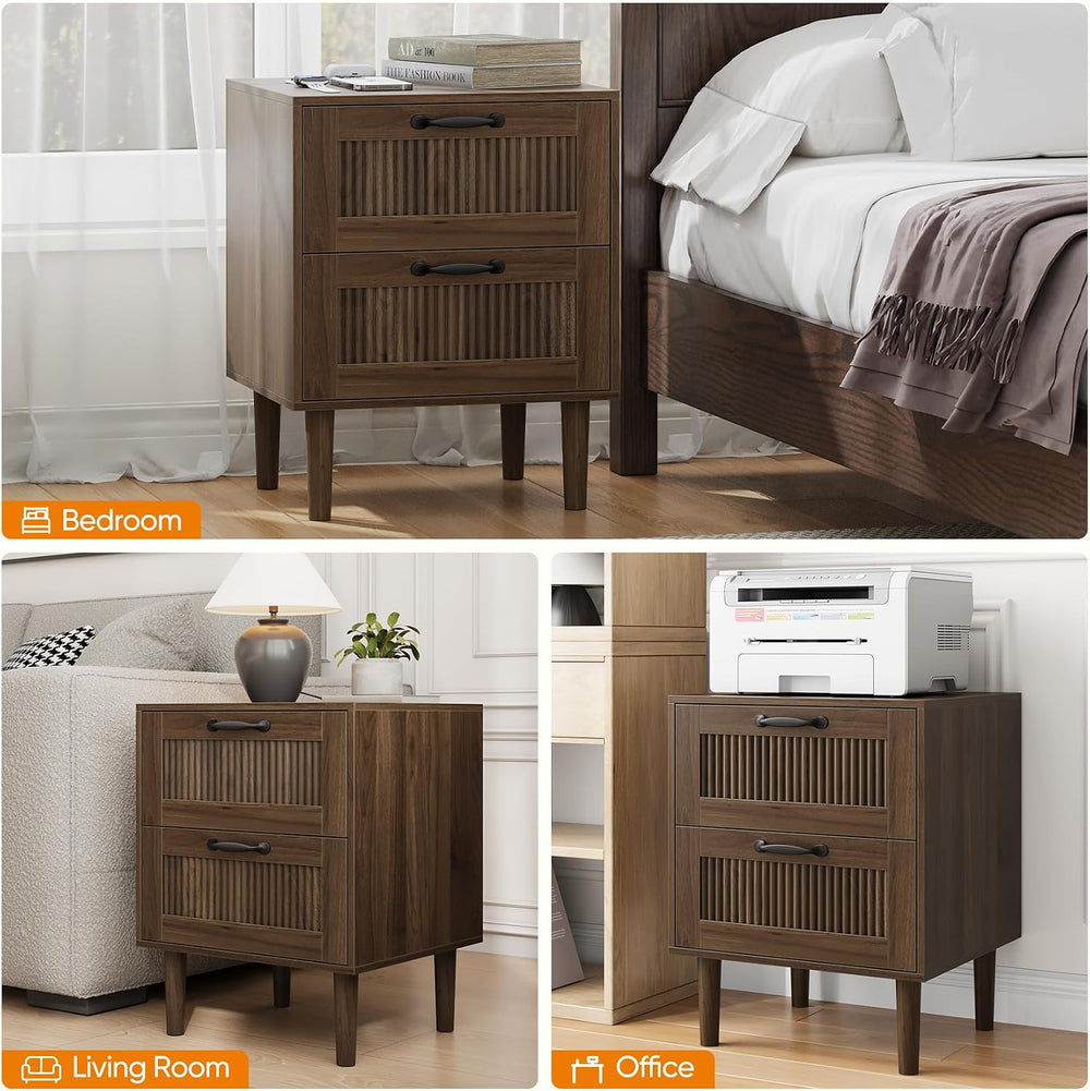 Smart FENDEE Fluted Nightstand with 2 Drawers, Bedside Table with Solid Wood ...