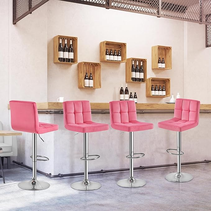 Yaheetech Pink Velvet Bar Stools, Adjustable Barstools Set of 4, Armless Swivel Counter Stools with Thickened Seat Cushion for Kitchen Island, Pink