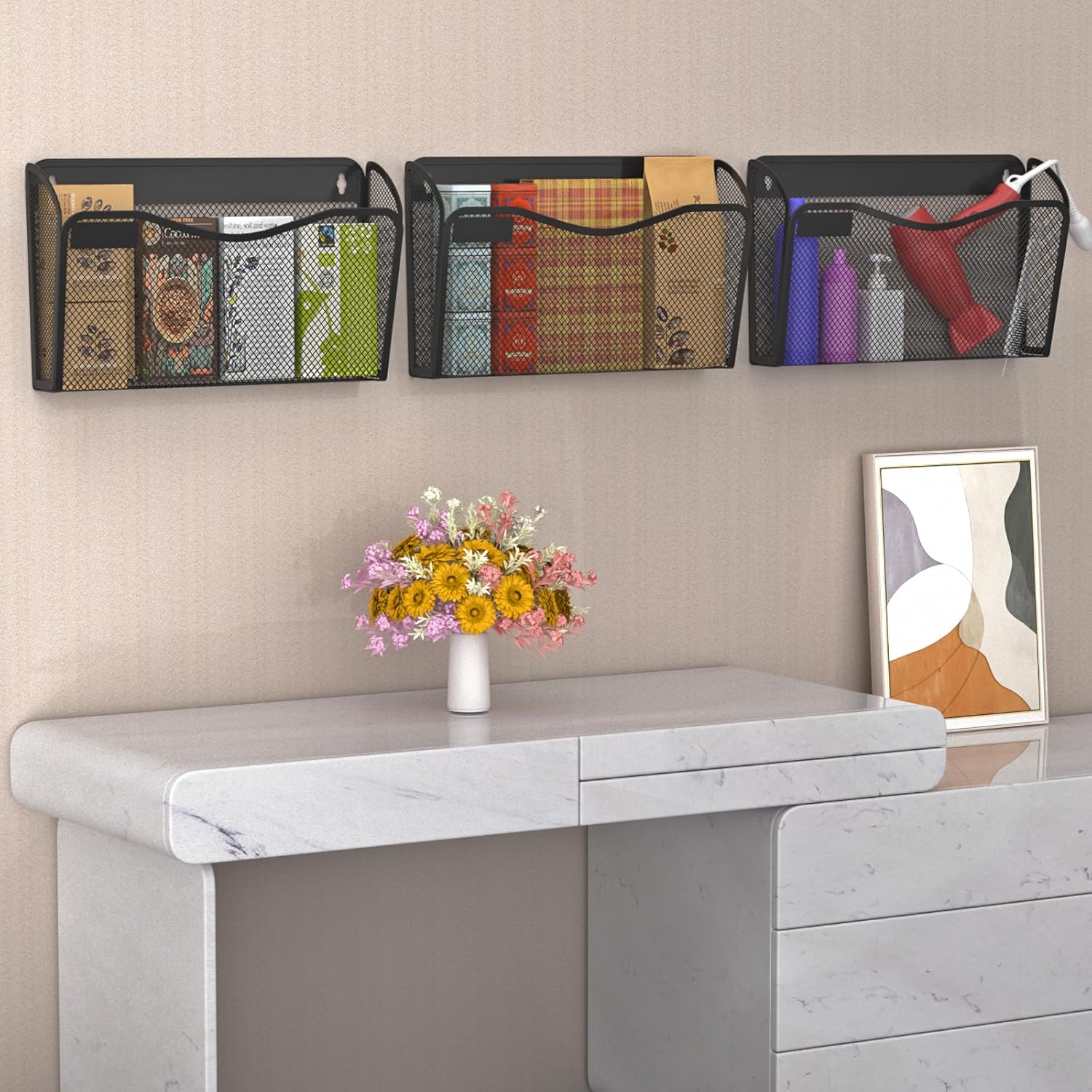 Wall File Organizer, Mesh Hanging File Organizer, Home Office Organization and Storage, 3 Single Pockets Document Magazine Rack