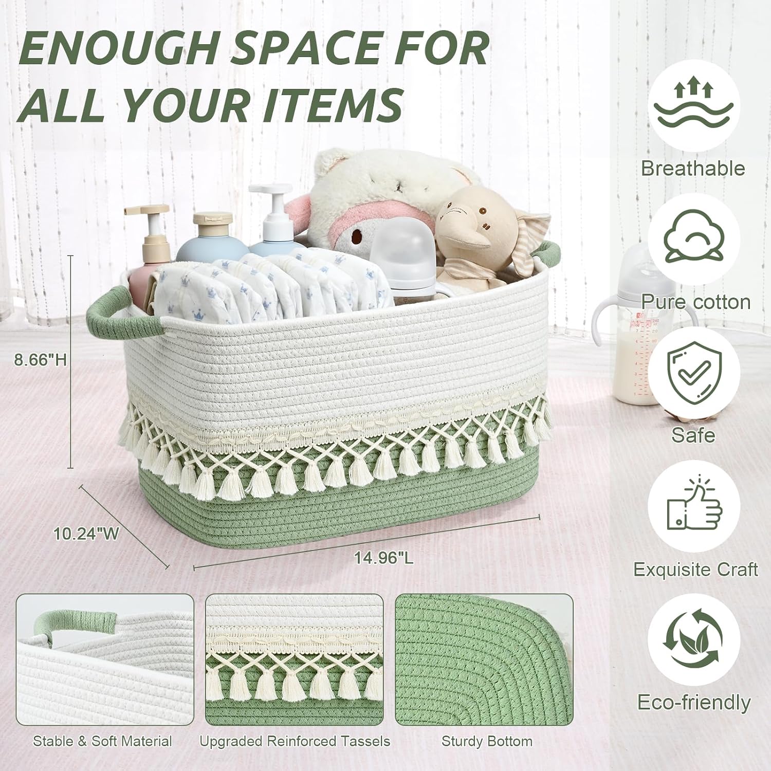 3 Pack Storage Basket for Shelves, Boho Cotton Rope Storage Bins with Heavy Tassel, Shelf Baskets Large Woven Baskets for Organizing, Cube Organizer Bins, Baby Laundry Basket for Clothes, Toys, Pets