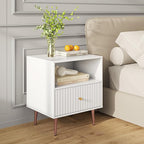 White Night Stand Set 2,Modern Bedside Table with Door and Open Storage,Fluted Nightstand and Wood End Side Table with Rose Gold Metal Legs and Handles for Bedroom,Living Room,White