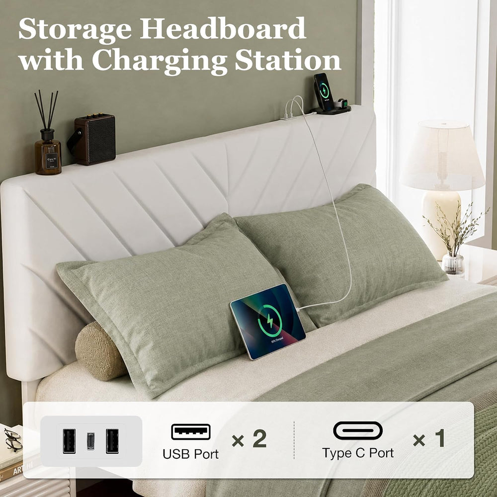 Queen Bed Frame with 2 Storage Drawers, White Velvet Upholstered