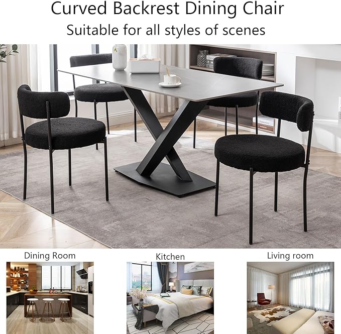 Black Boucle Dining Chairs Set of 2, Upholstered Dining Room Chairs with Blac...